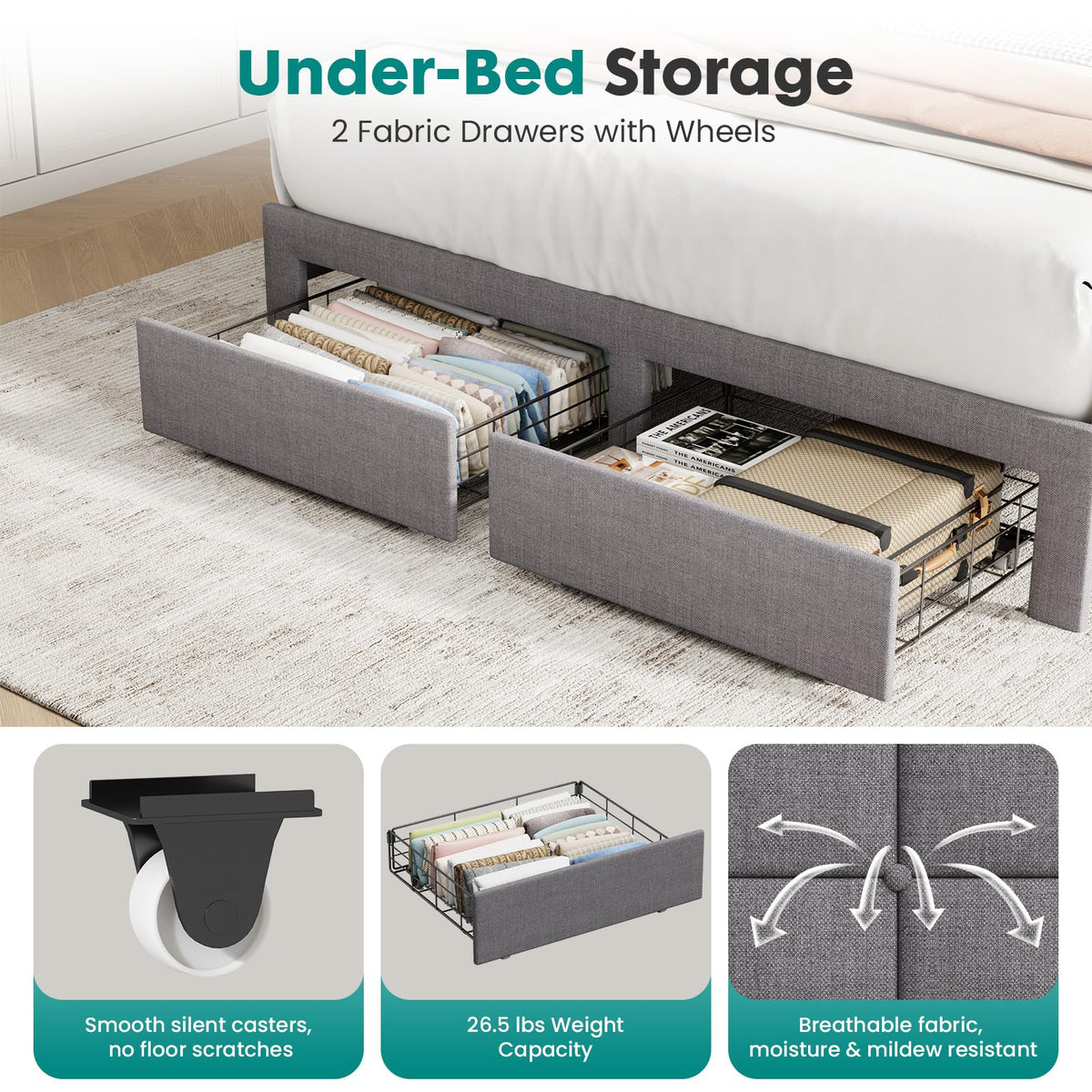Full Upholstered Platform Bed Frame with Storage Drawers X978640