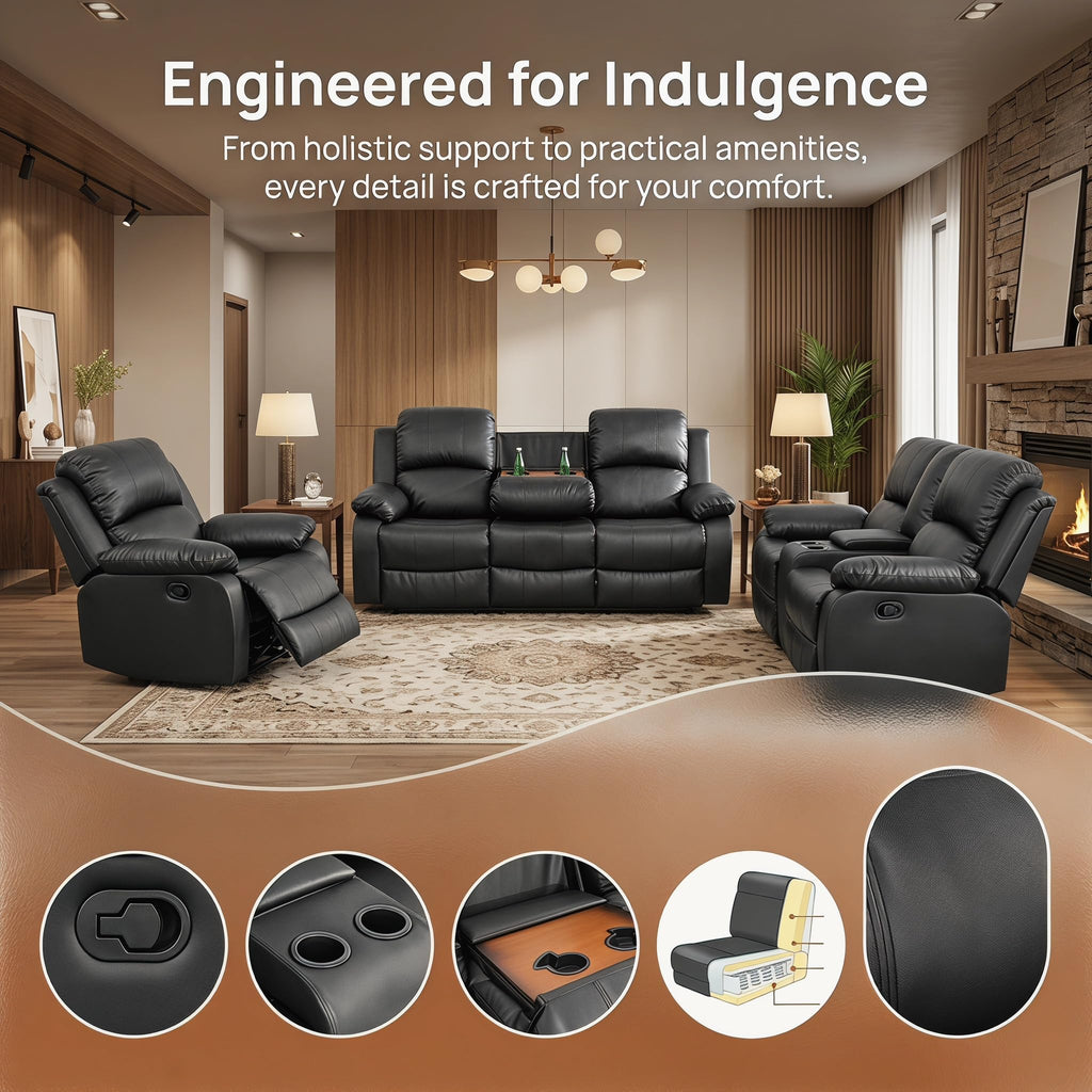 Black 3 Piece Leather Recliner Sofa Set with Cup Holders E627958