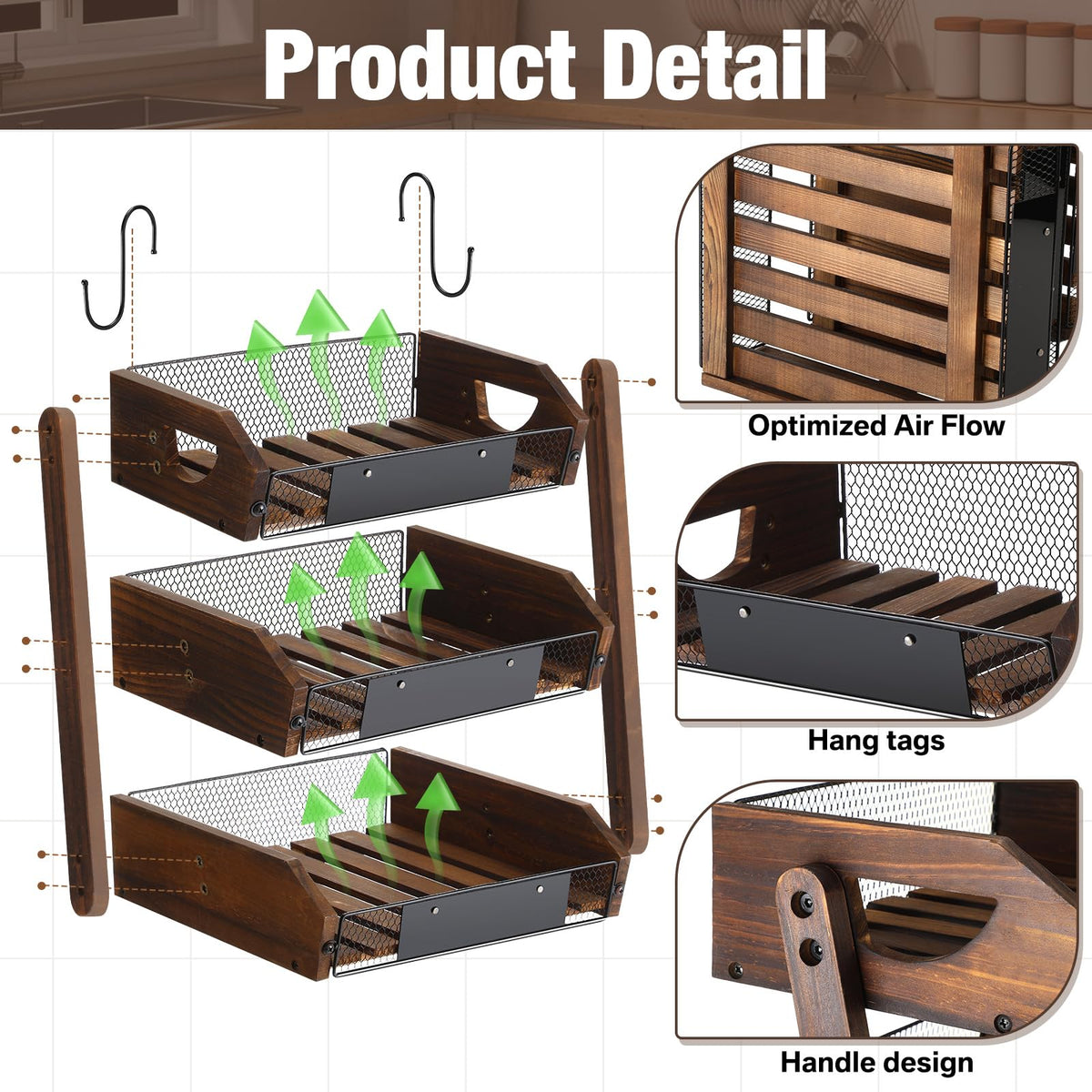 3 Tier Wooden Fruit Basket with Banana Hangers U102