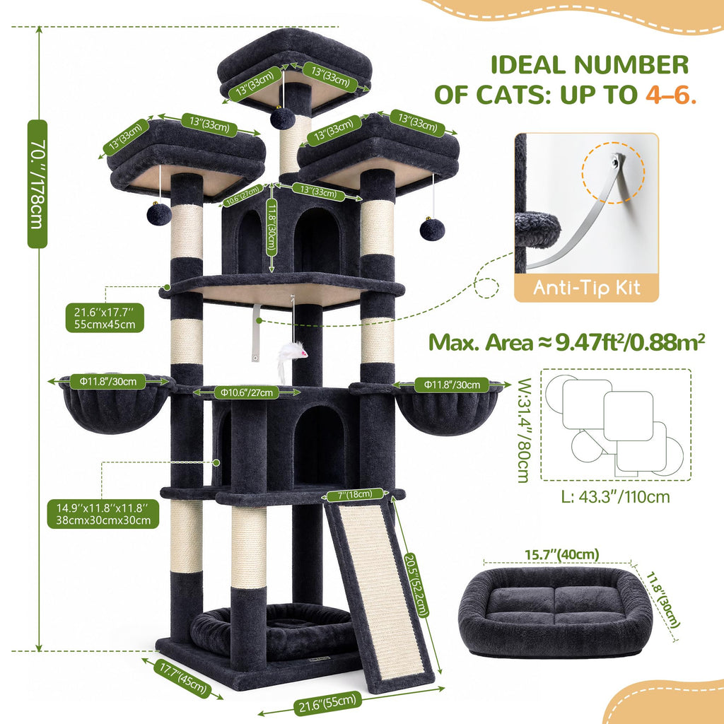70 Inch Dark Gray Cat Tree with Scratching Post C633651