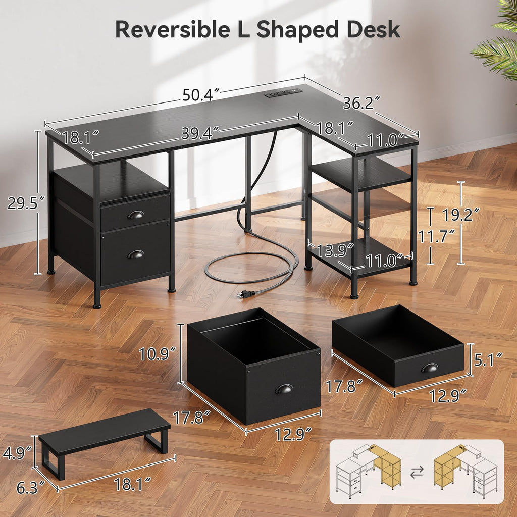 50 Inch L Shaped Gaming Desk with Power Outlet and Drawers M40247
