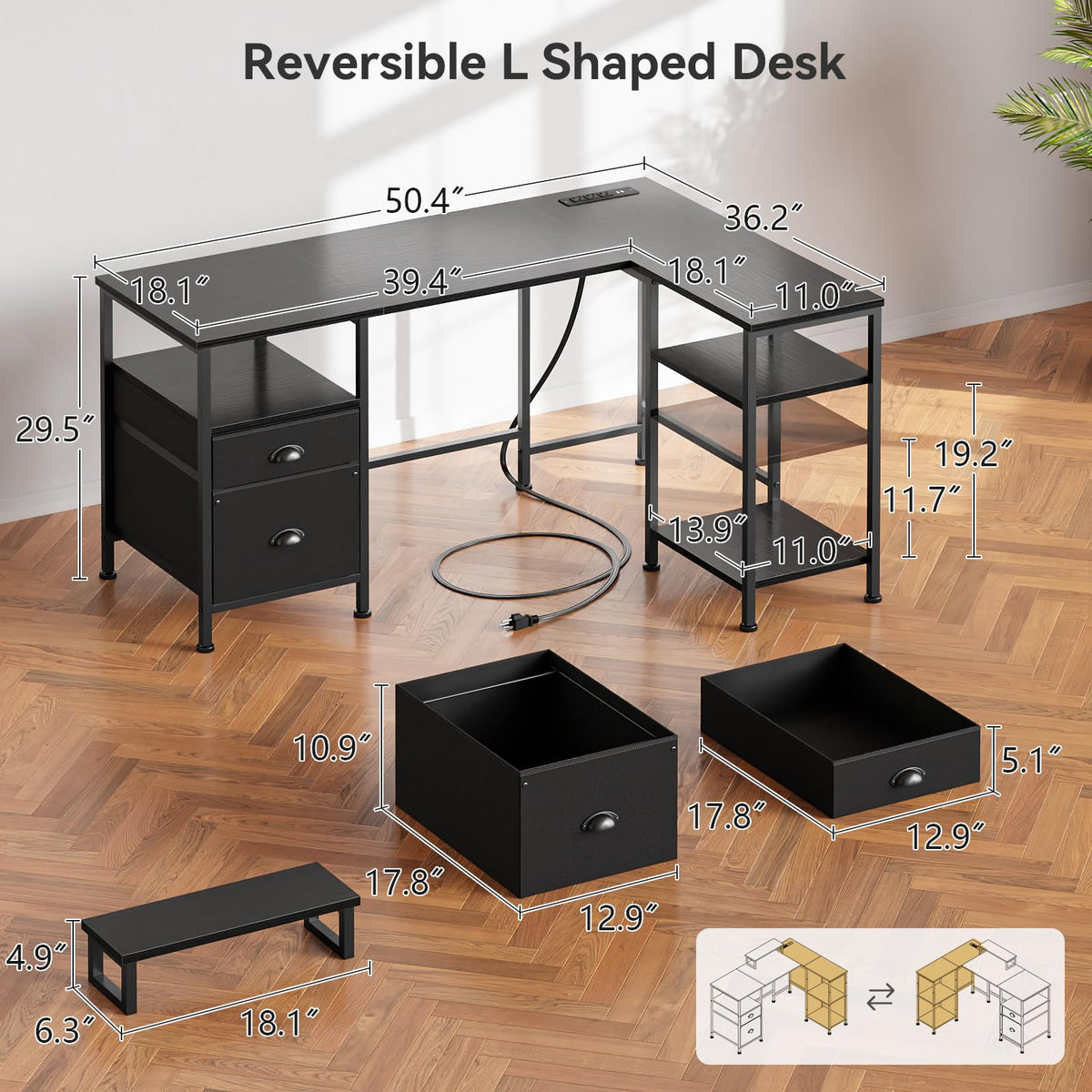 50 Inch L Shaped Gaming Desk with Power Outlet and Drawers M40247