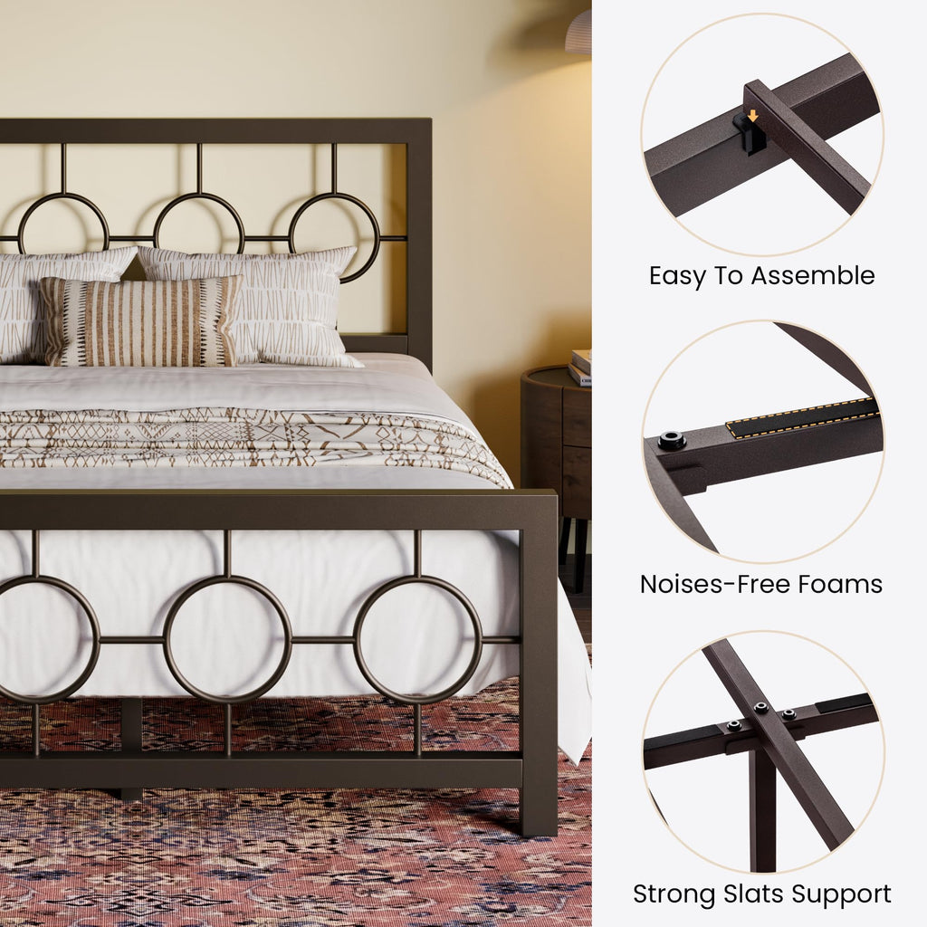 Full Size Brown Metal Bed Frame with Headboard and Footboard Y364469
