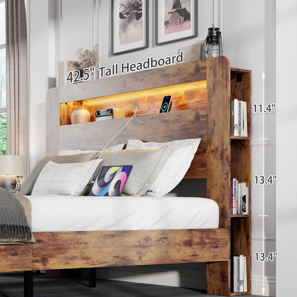 King Size Wooden Bed Frame with Storage Headboard and LED Lights F449973