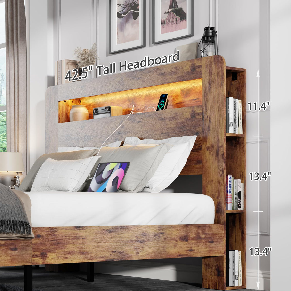 King Size Wooden Bed Frame with Storage Headboard and LED Lights F449973