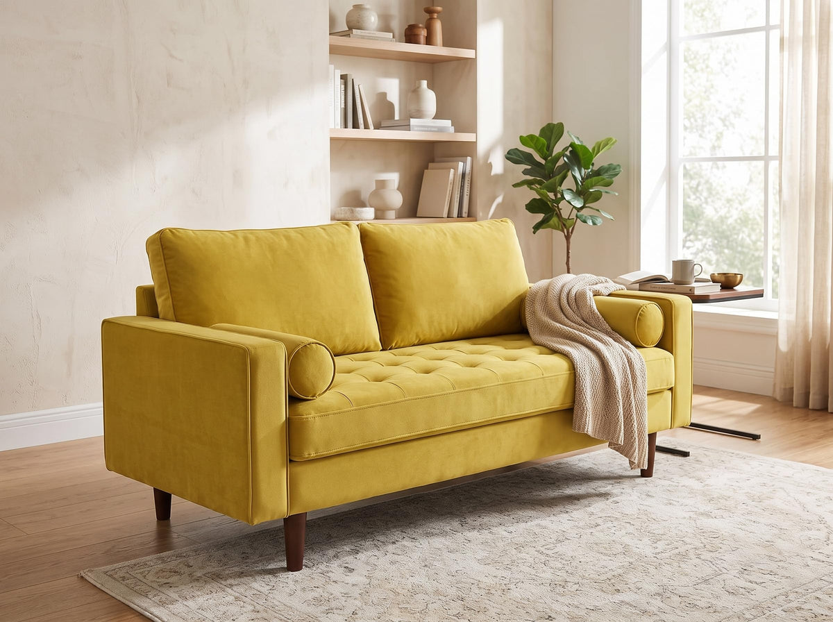 70 Inch Velvet Sofa with Button Tufted Upholstery and Bolster Pillows O64852