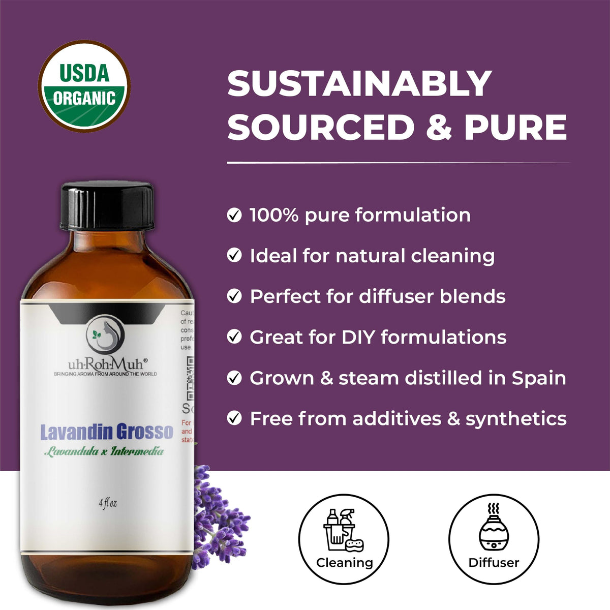 Organic Lavandin Grosso Essential Oil 4 Fl Oz V745