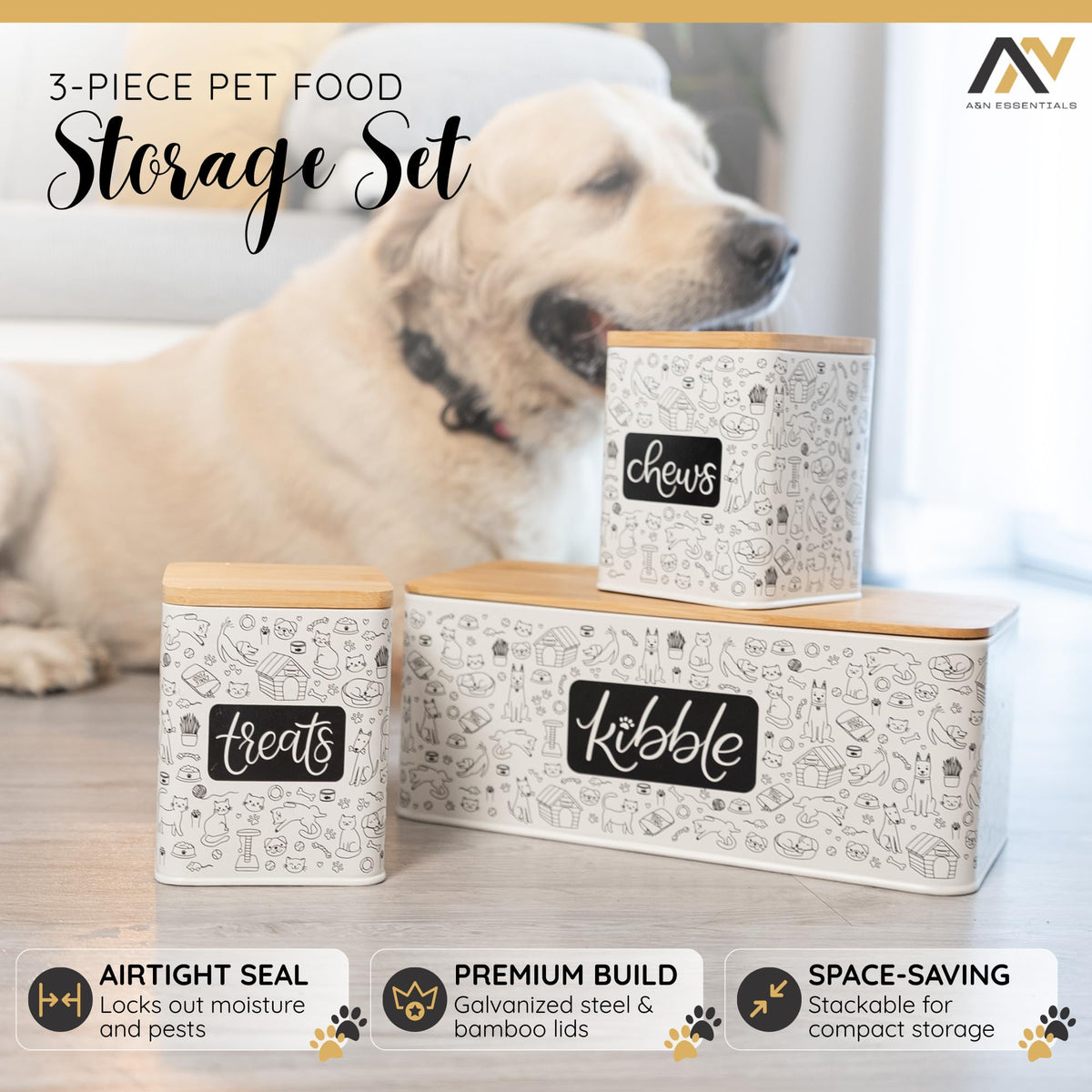3-Piece Airtight Galvanized Steel Pet Food Storage Container Set with Bamboo Lids R10608