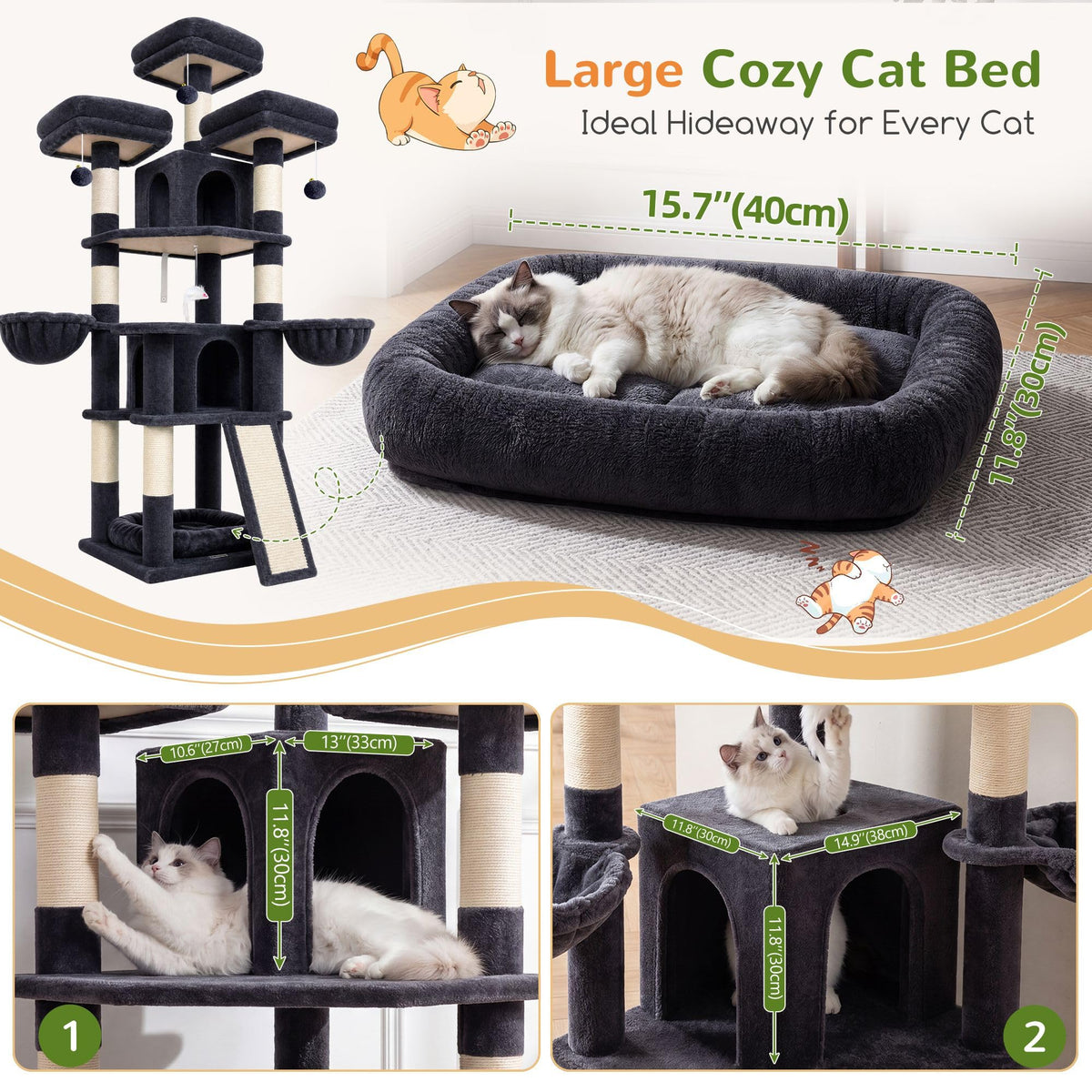 70 Inch Dark Gray Cat Tree with Scratching Post C633651