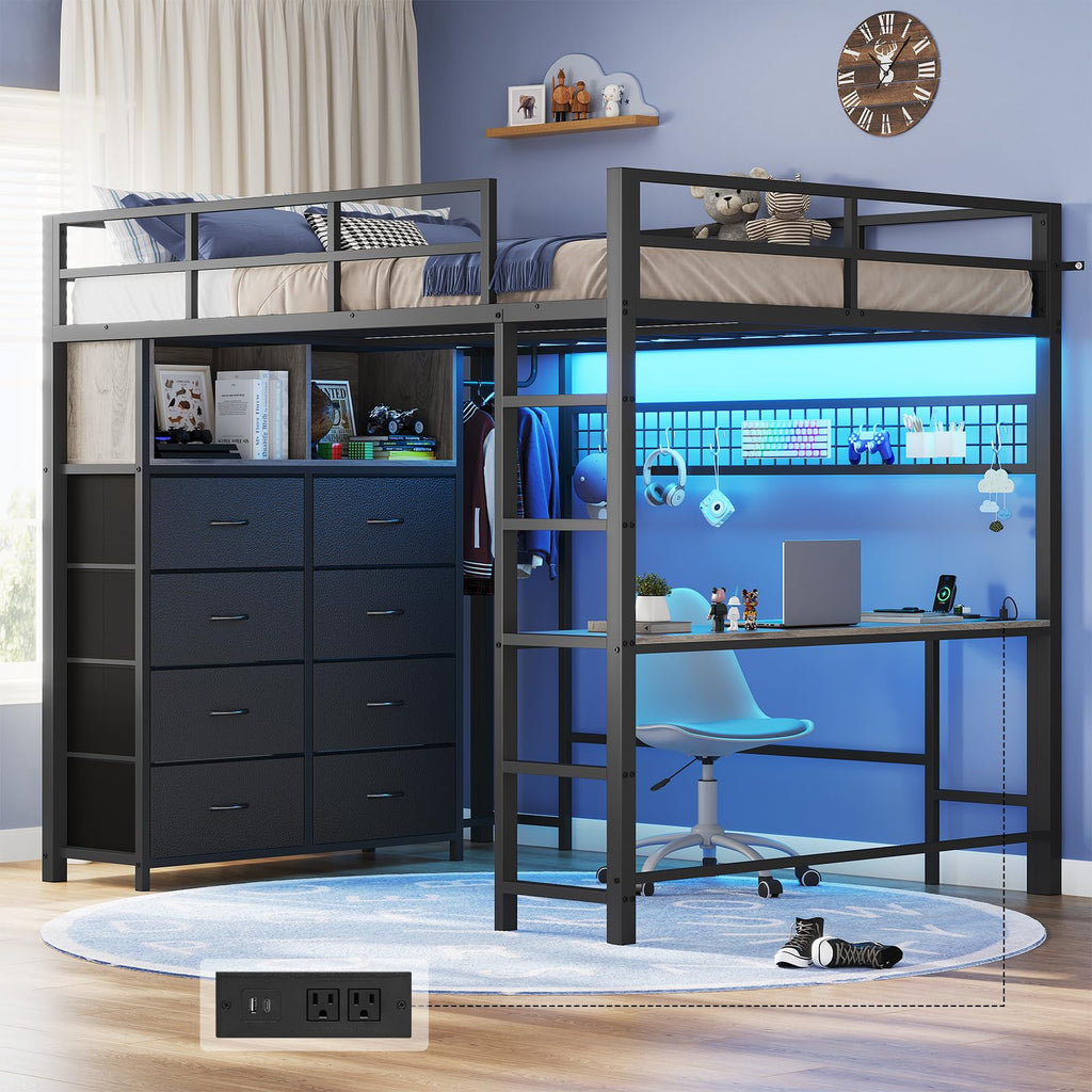 Full Size Loft Bed with Desk and 8 Storage Drawers Grey Y81670