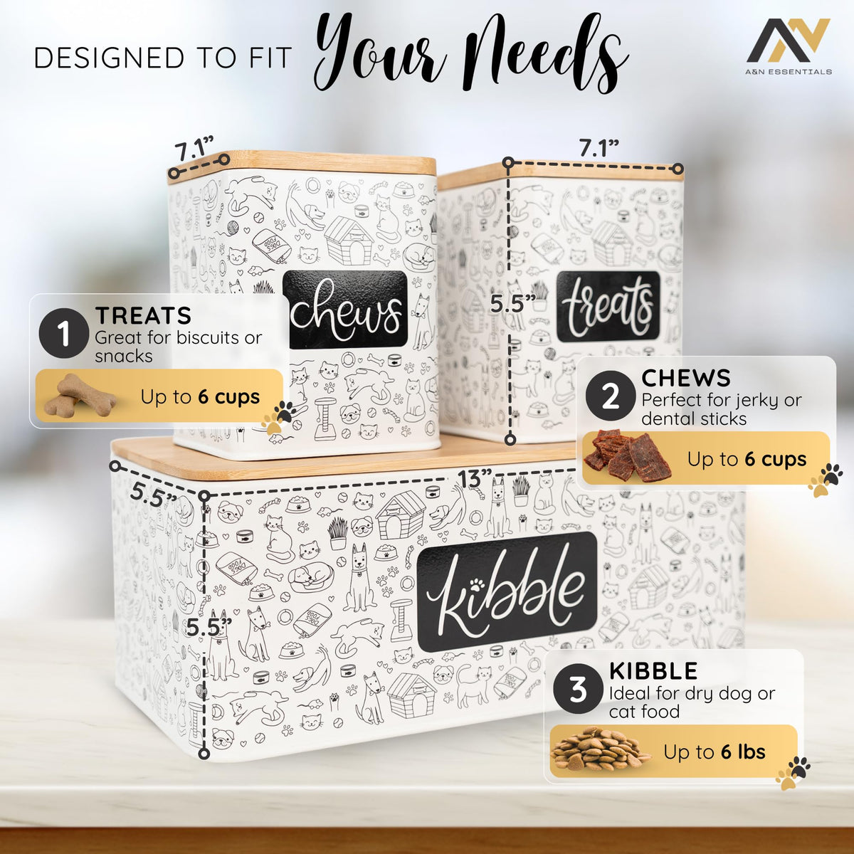 3-Piece Airtight Galvanized Steel Pet Food Storage Container Set with Bamboo Lids R10608