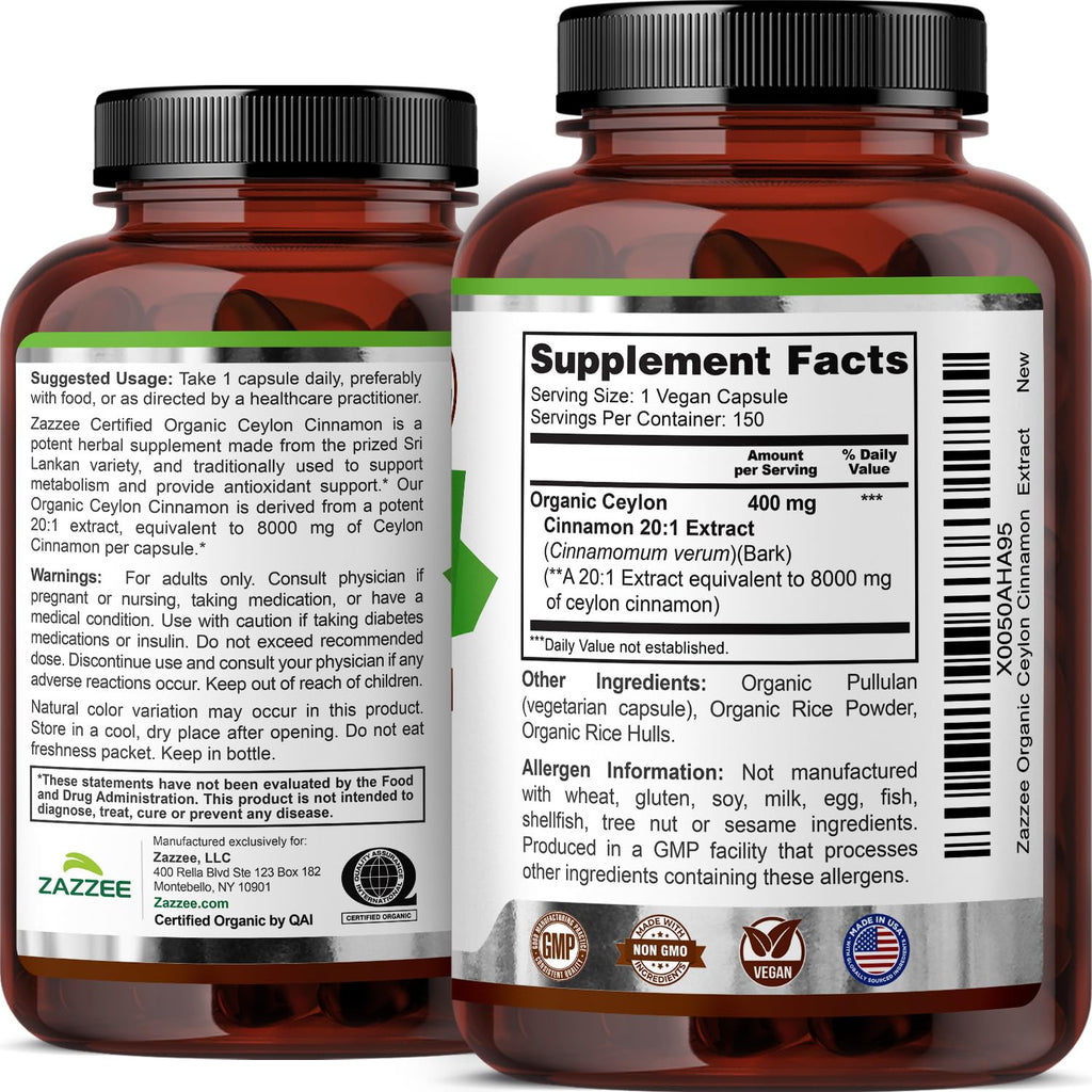 USDA Organic Ceylon Cinnamon 20:1 Extract 150 Capsules U428686