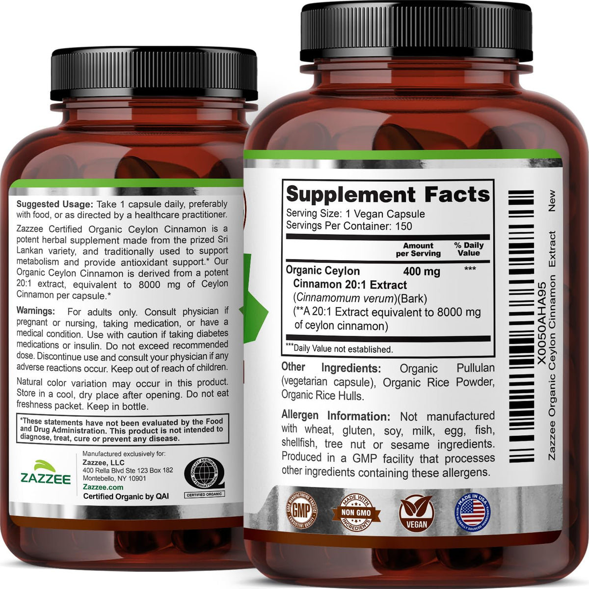 USDA Organic Ceylon Cinnamon 20:1 Extract 150 Capsules U428686