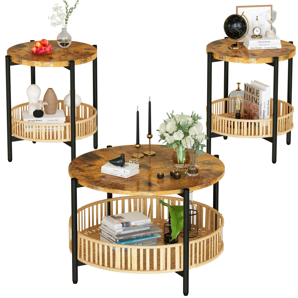 3 Pieces 2 Tier Round Rattan Coffee Table Set with Metal Frame F266470