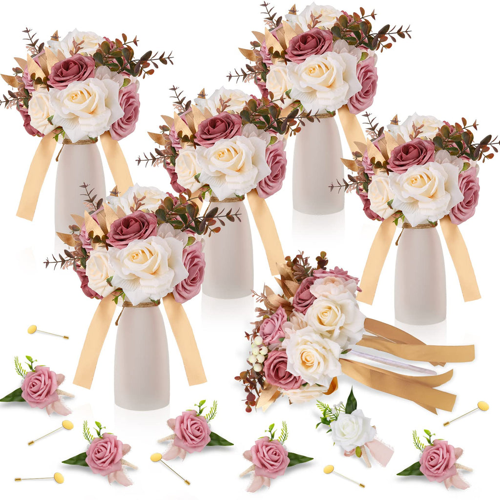 12 Pcs Artificial Bouquets and Boutonniere Set Rose White A46097