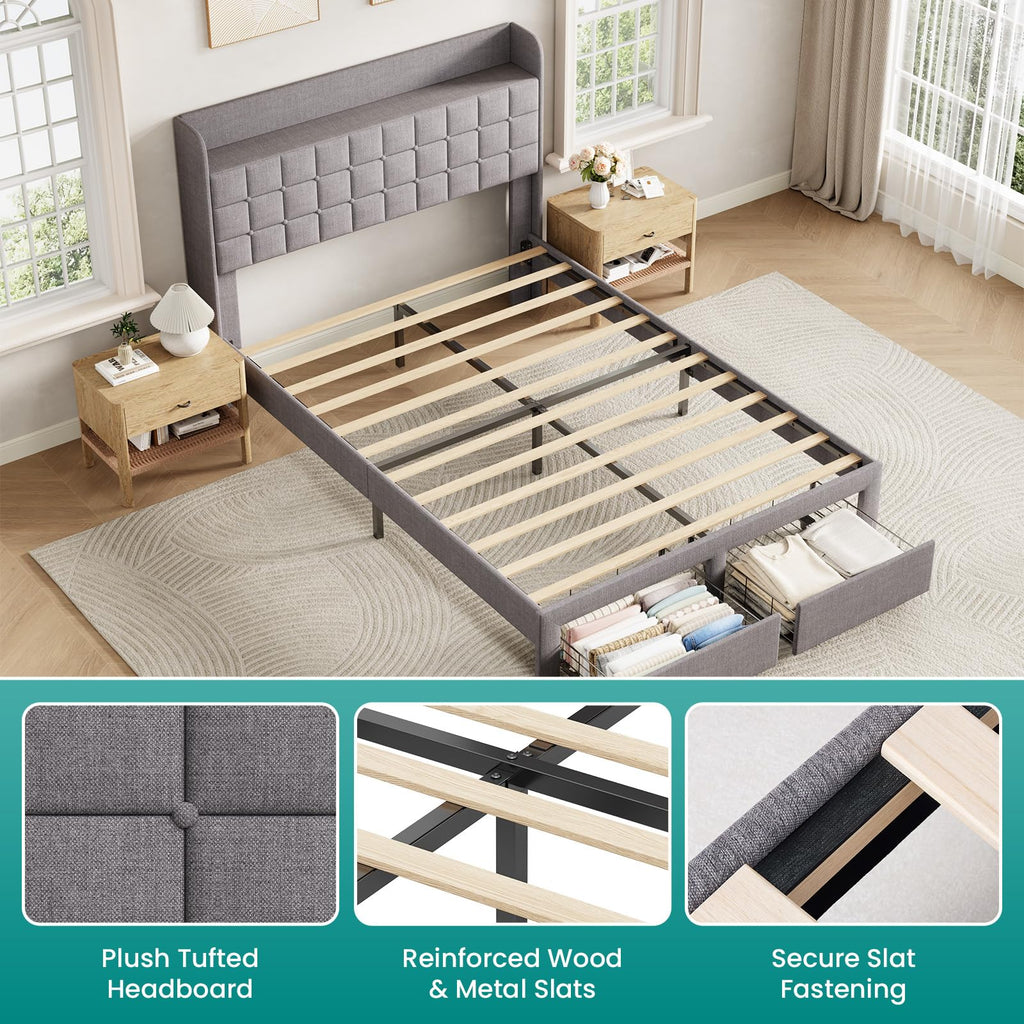 Full Upholstered Platform Bed Frame with Storage Drawers X978640