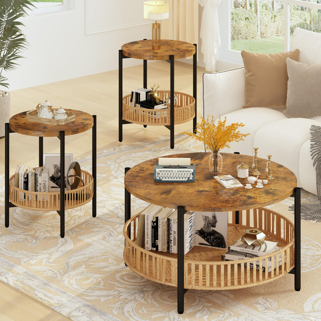 3 Pieces 2 Tier Round Rattan Coffee Table Set with Metal Frame F266470