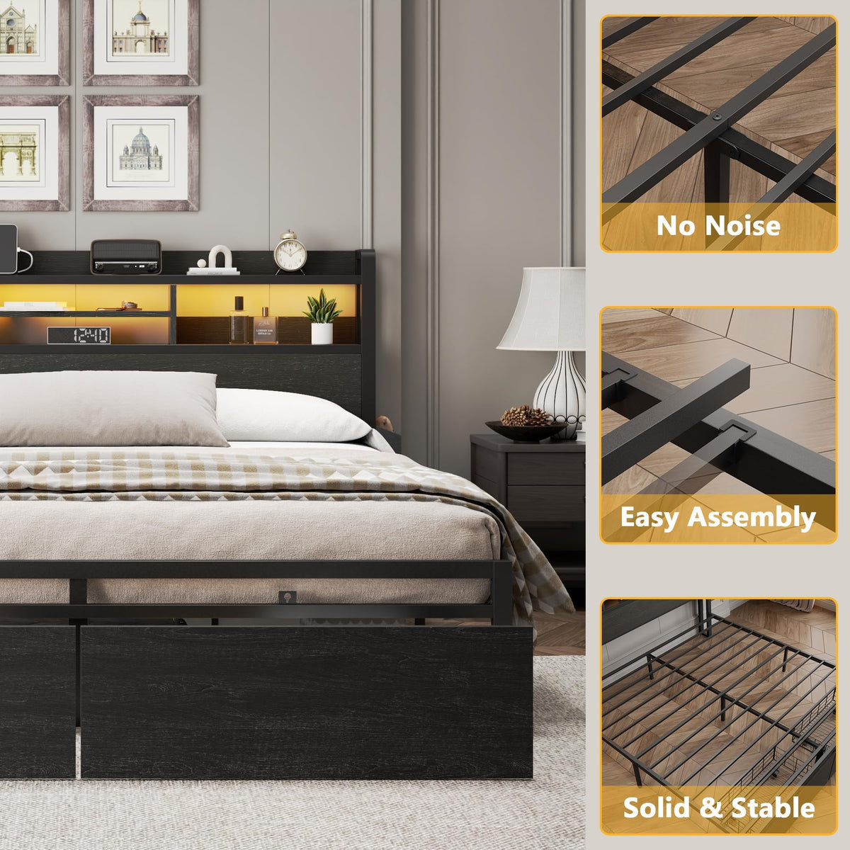 Full Size Bed Frame with Headboard and Charging Station A1559