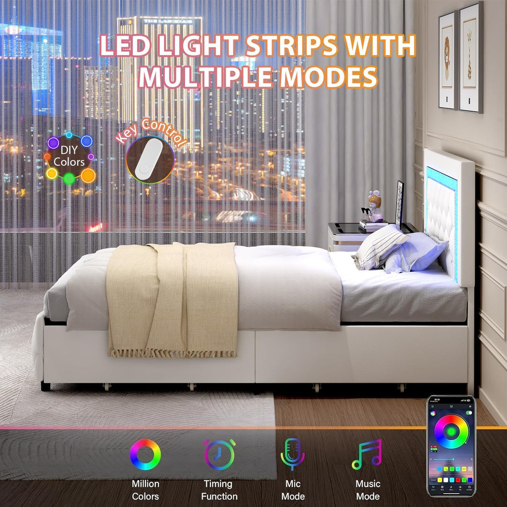 White Twin Bed Frame with Storage Drawers and LED Lights L505326