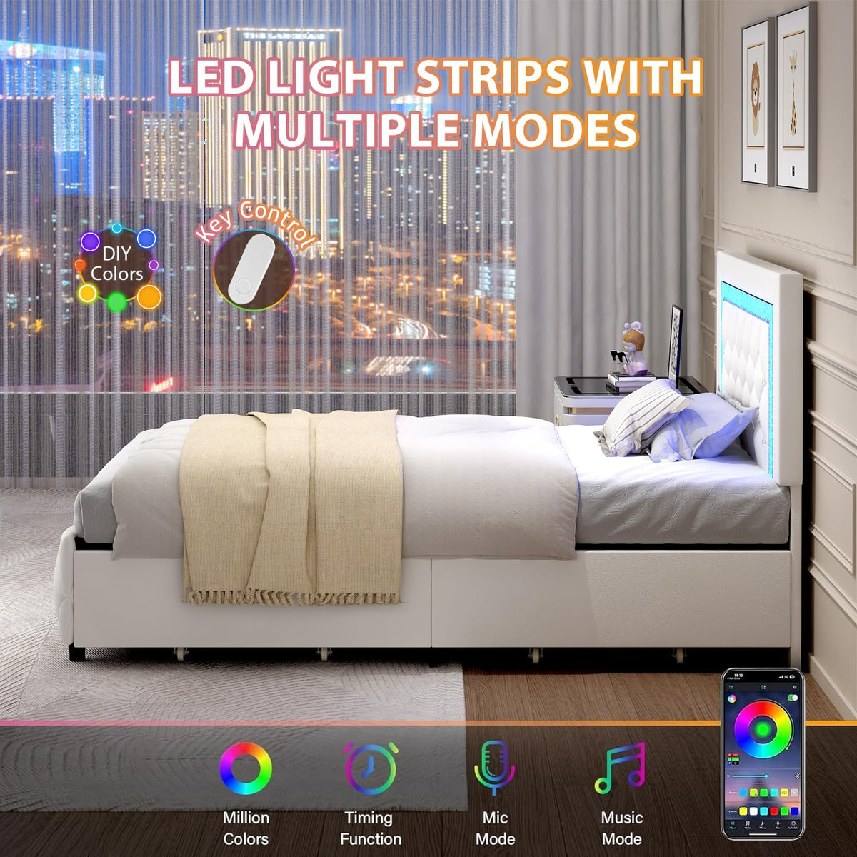 White Twin Bed Frame with Storage Drawers and LED Lights L505326