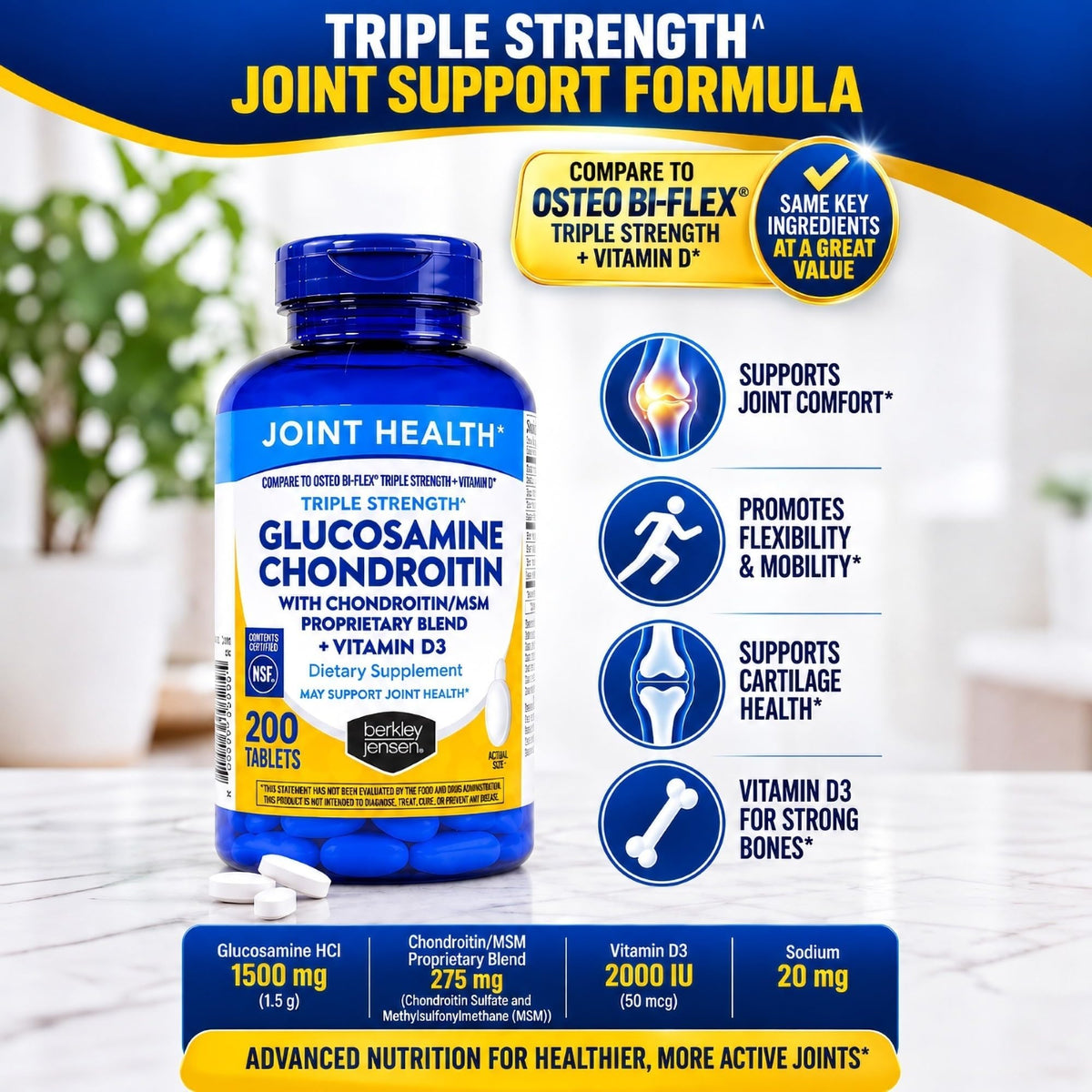 Glucosamine Chondroitin MSM D3 Joint Supplement Tablets 200 Count Z636