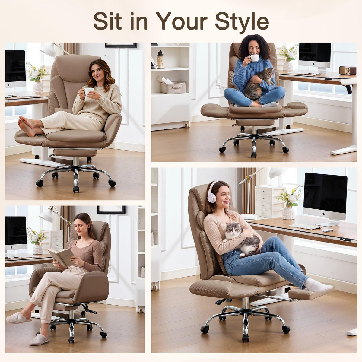 Cross Legged Office Chair with Flip Armrest and Footrest Brown W916454