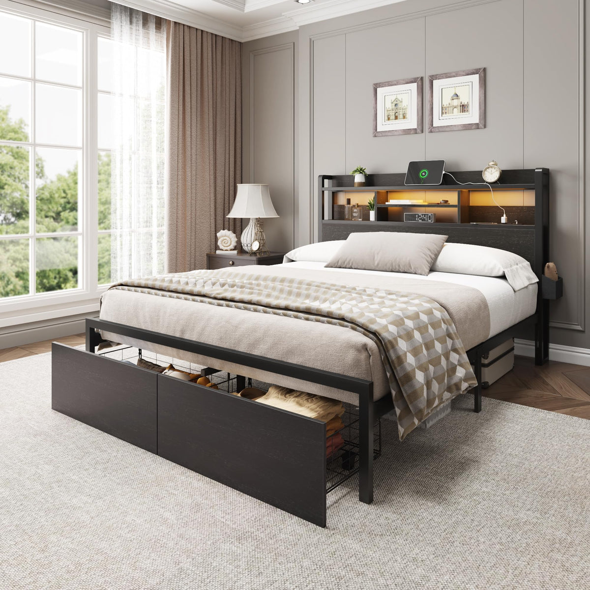 Full Size Bed Frame with Headboard and Charging Station A1559