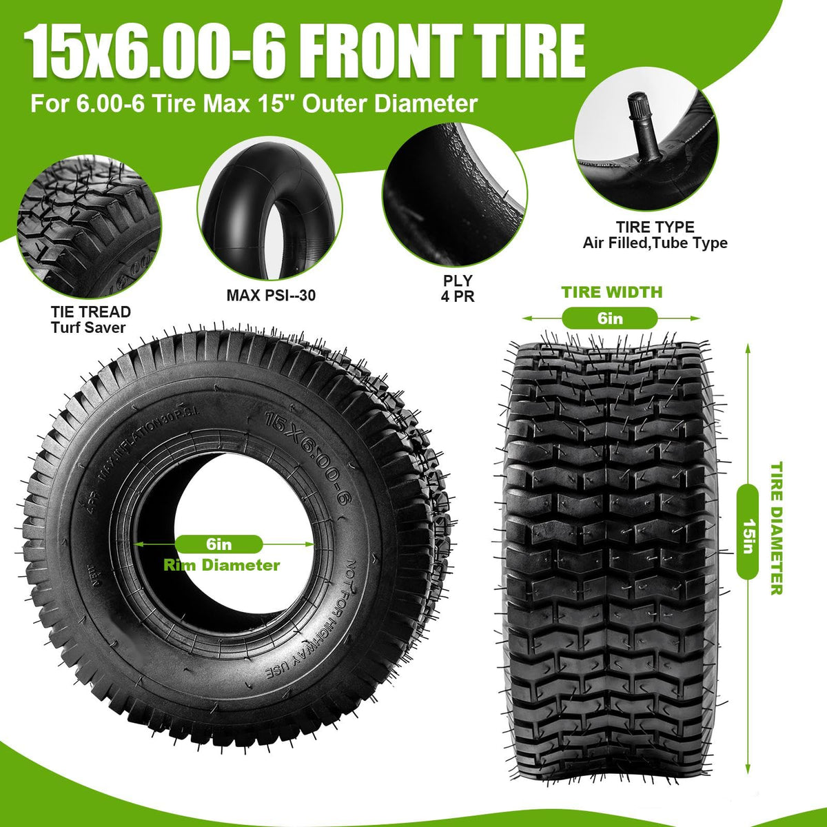 15x6.00-6 Lawn Mower Tire and Inner Tube 2PCS D574