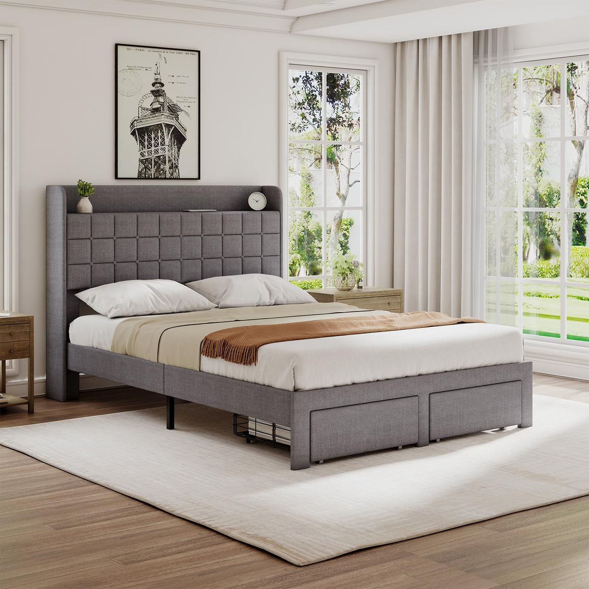 Full Upholstered Platform Bed Frame with Storage Drawers X978640