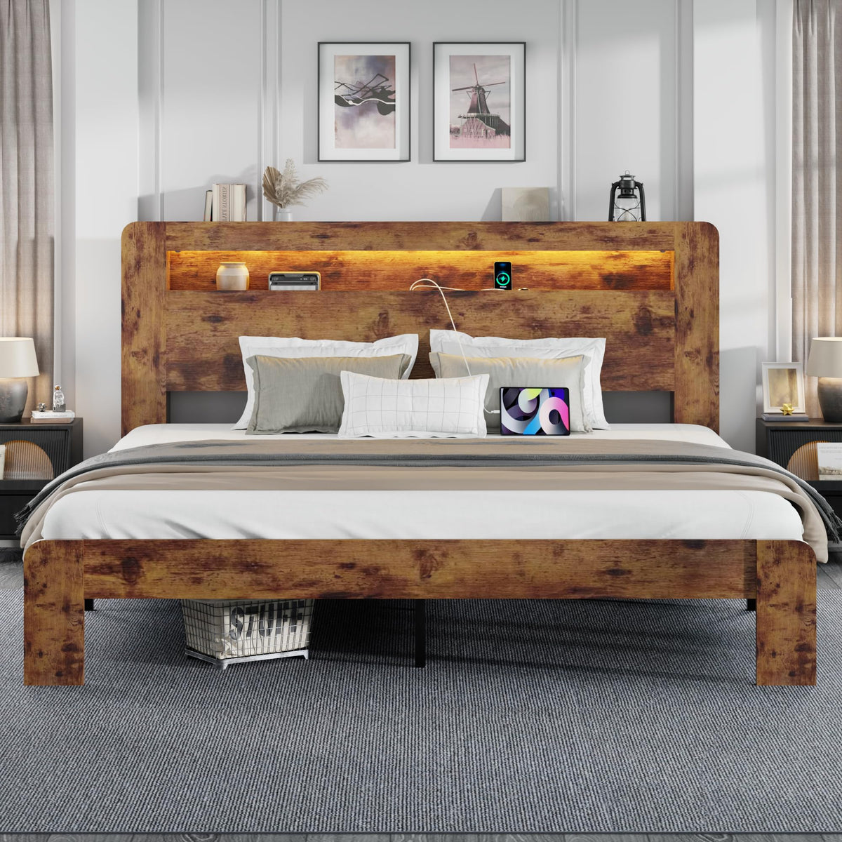 King Size Wooden Bed Frame with Storage Headboard and LED Lights F449973
