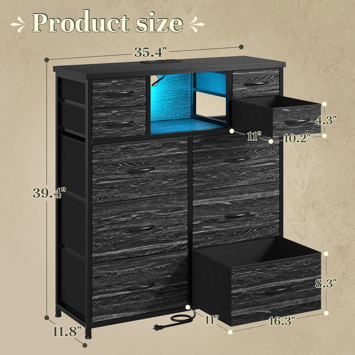 Black 10 Drawer Dresser with Charging Station W58994