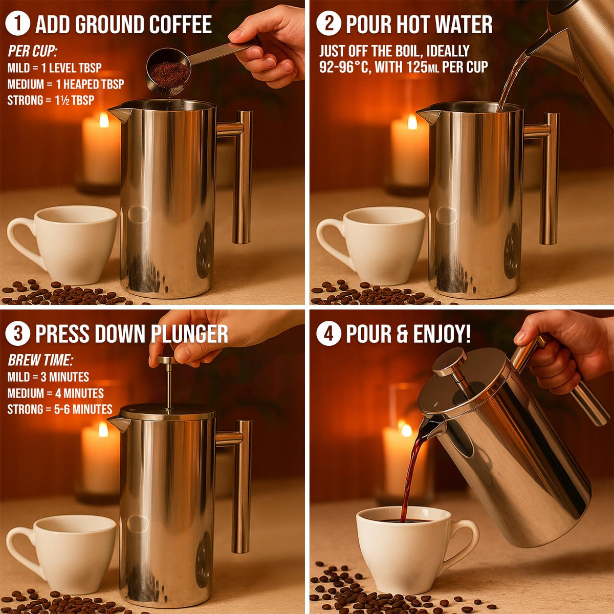 Stainless Steel French Press 1L Double Wall Insulated Coffee Maker I170