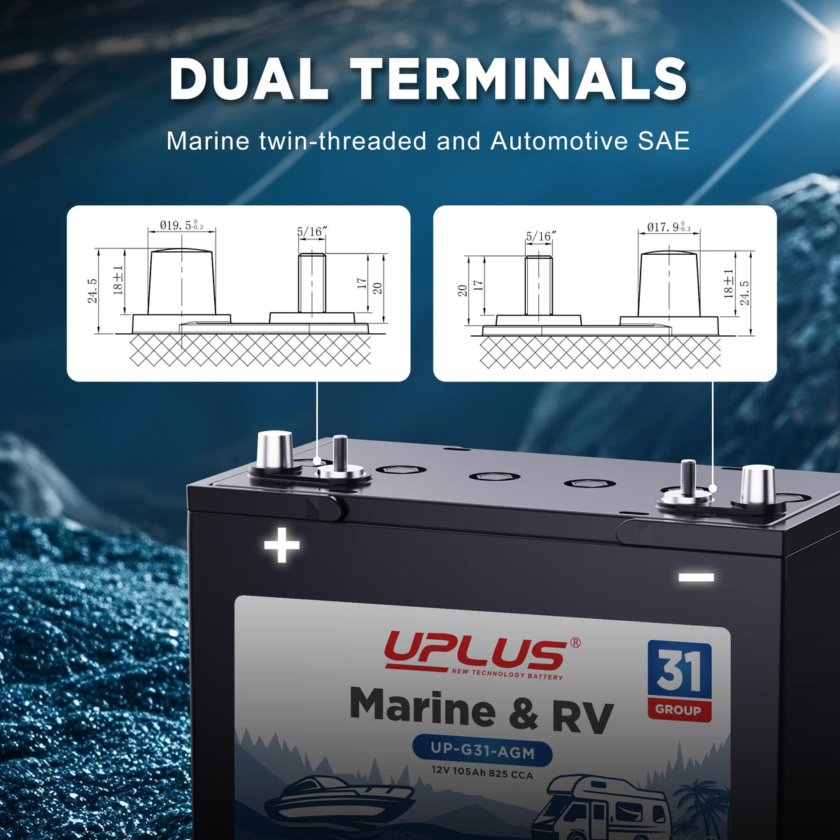 12V 105Ah 825CCA Dual Purpose AGM Marine Battery A3175