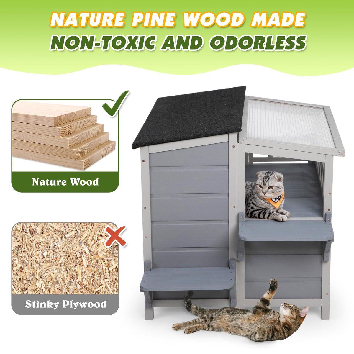 2-Tier Weatherproof Wooden Outdoor Cat House U3806