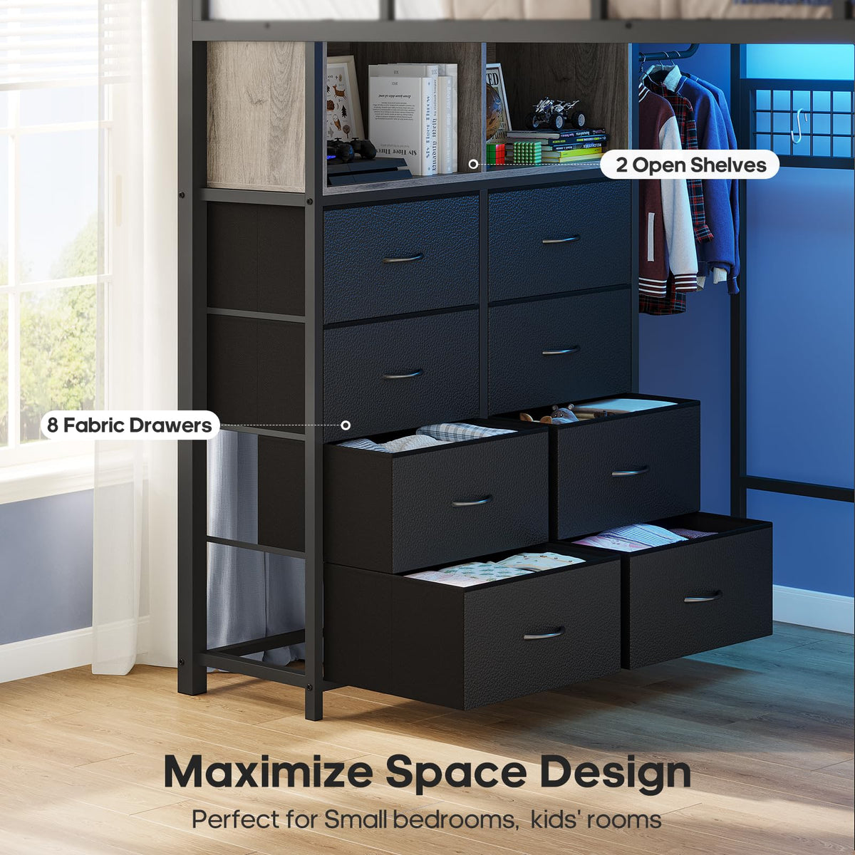 Full Size Loft Bed with Desk and 8 Storage Drawers Grey Y81670