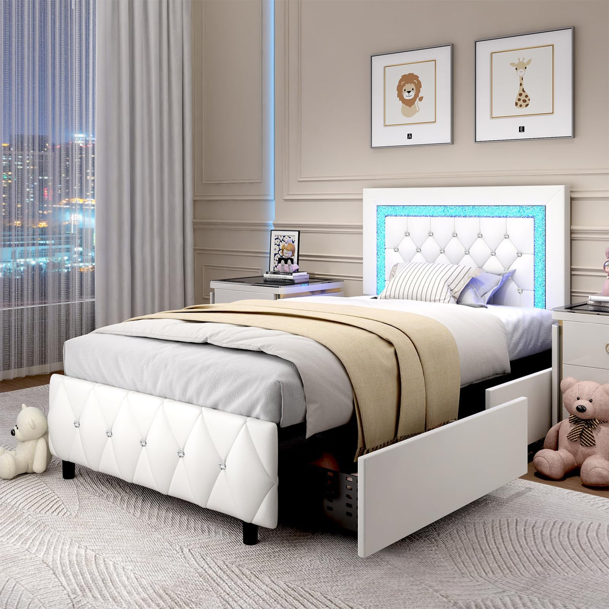 White Twin Bed Frame with Storage Drawers and LED Lights L505326