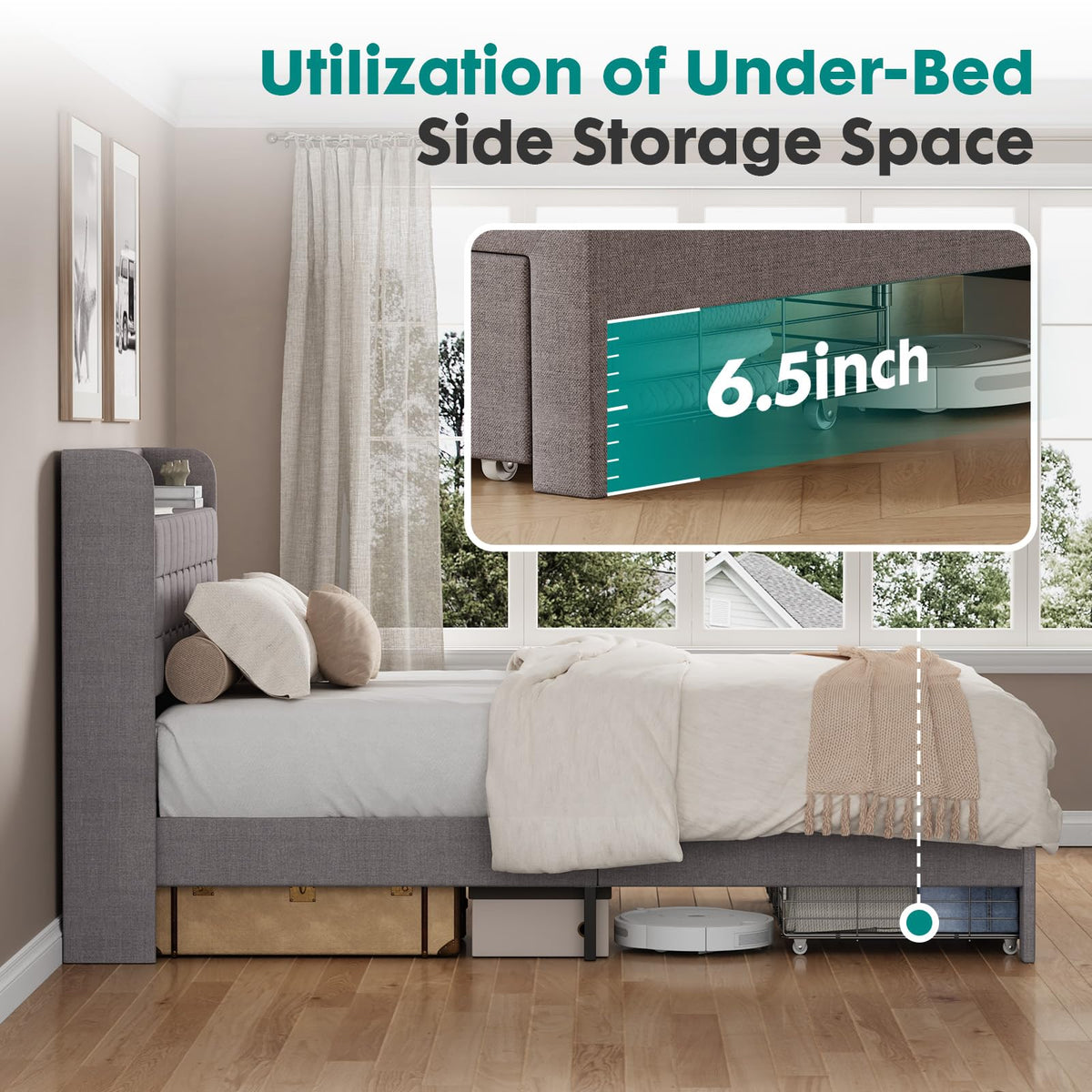Full Upholstered Platform Bed Frame with Storage Drawers X978640
