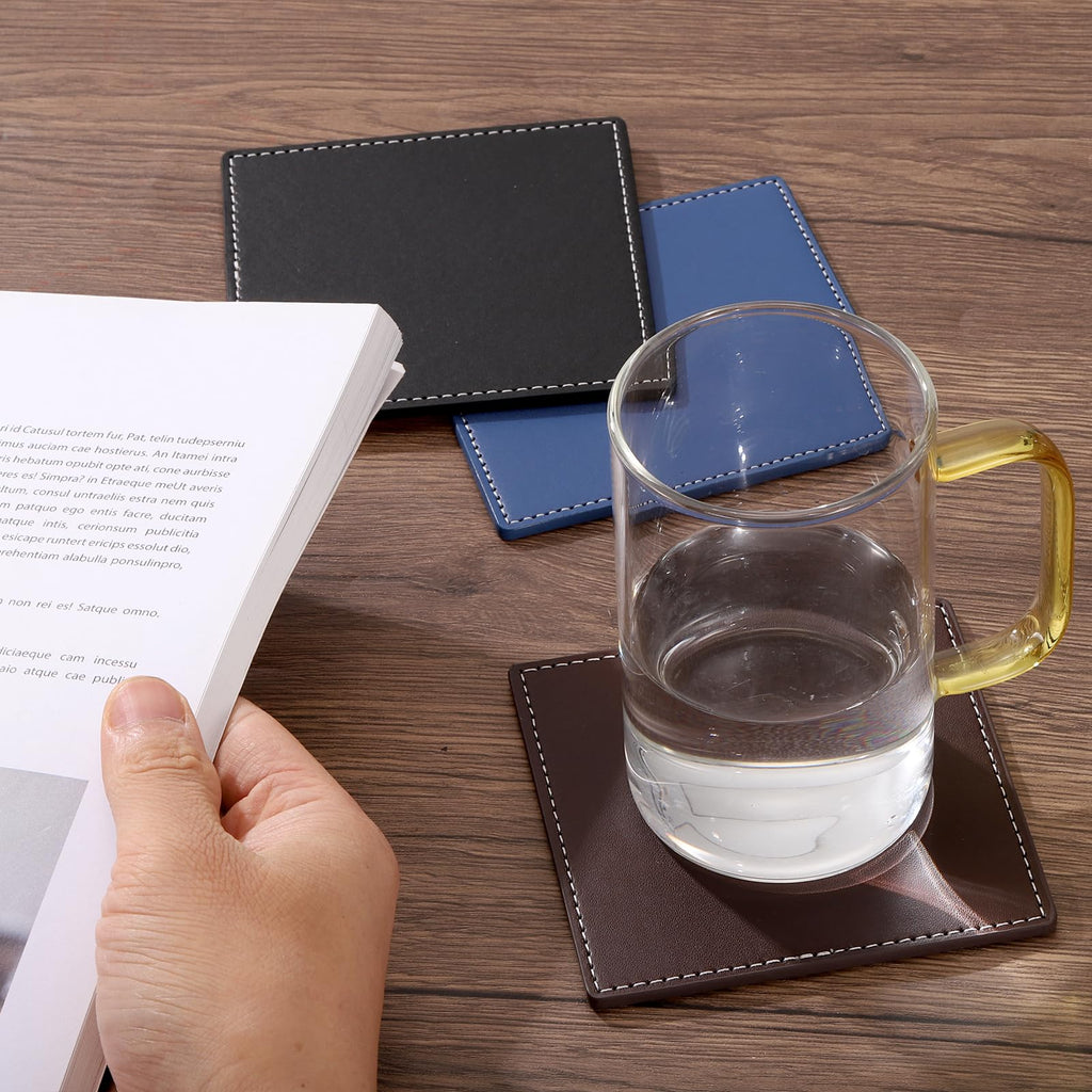 White Stitched Dual Sided Leather Coasters Set of 6 T9011