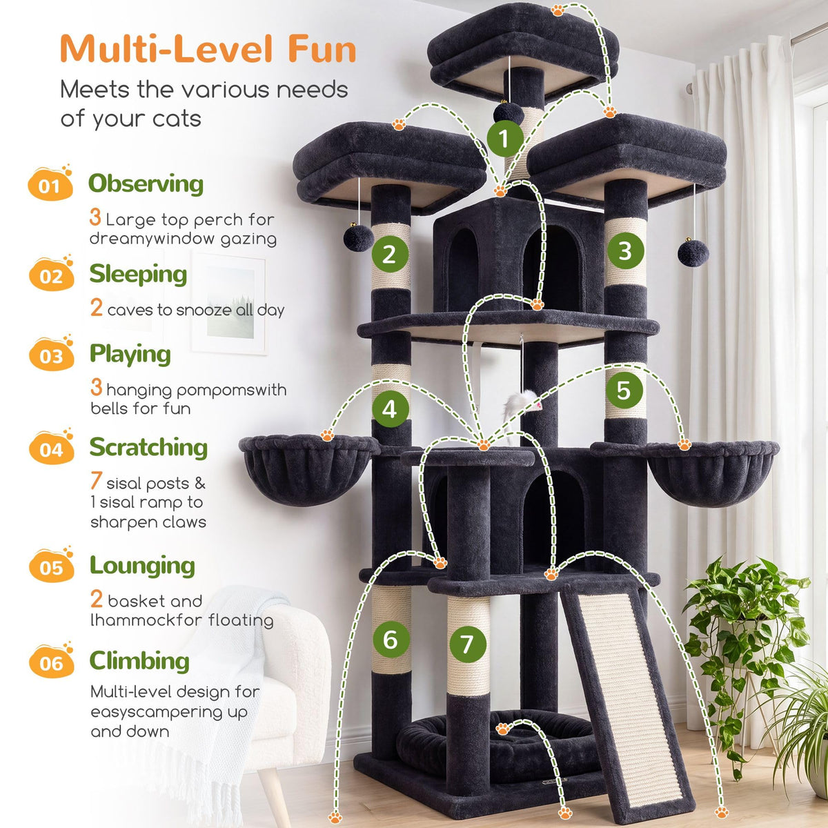 70 Inch Dark Gray Cat Tree with Scratching Post C633651