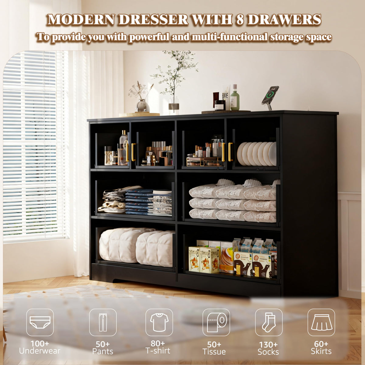 Black 8 Drawer Wood Dresser with Metal Handle C901