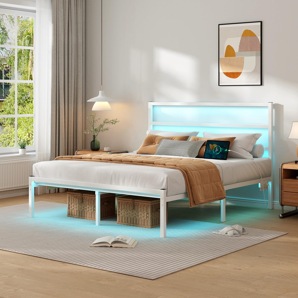 White Full Size Bed Frame with Headboard and USB Charging Station H29917