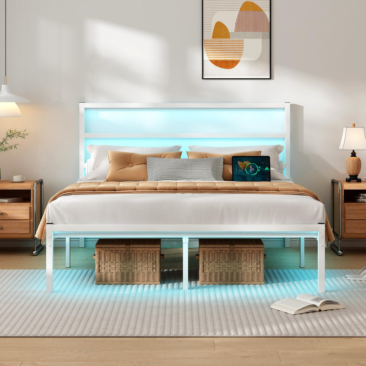 White Full Size Bed Frame with Headboard and USB Charging Station H29917