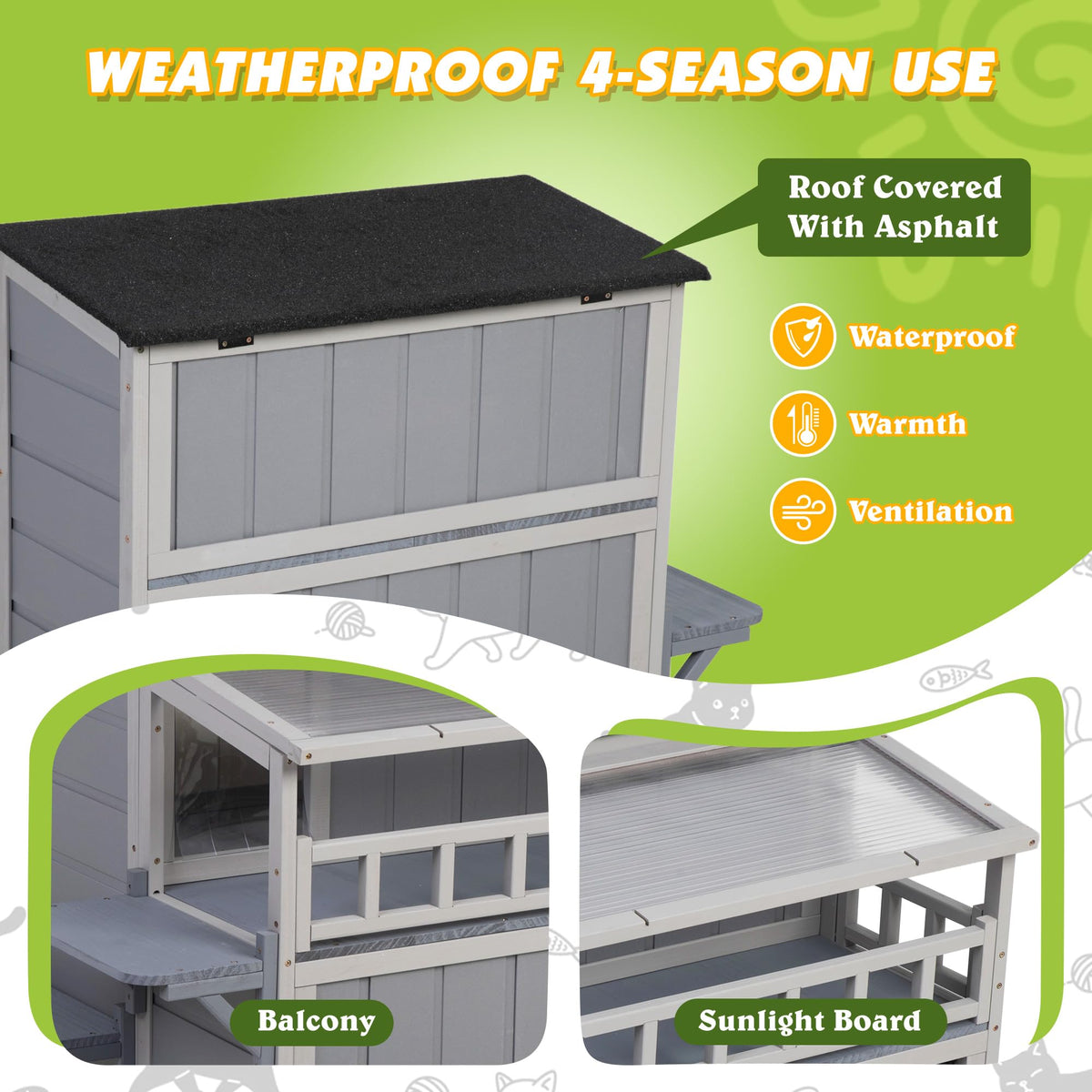 2-Tier Weatherproof Wooden Outdoor Cat House U3806