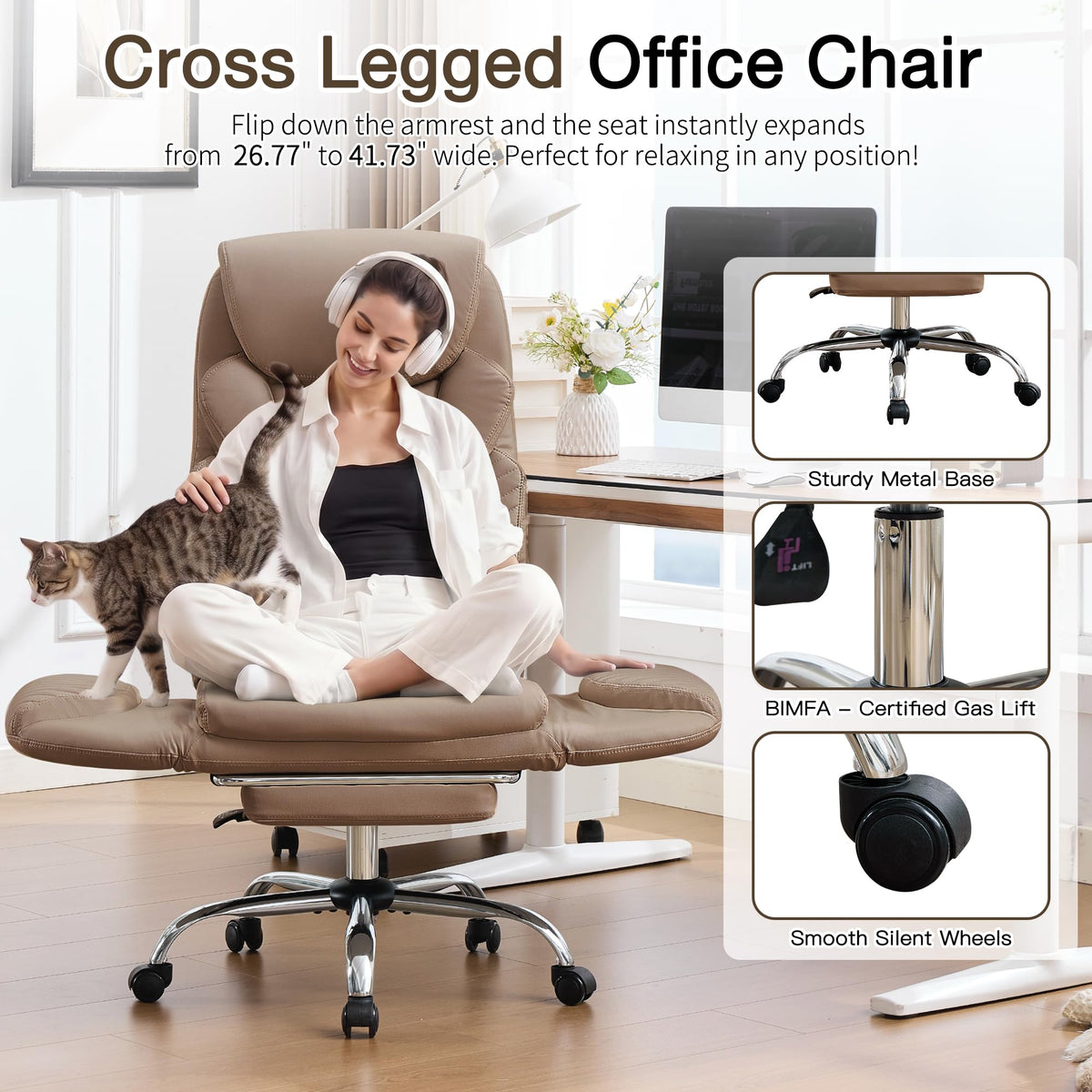 Cross Legged Office Chair with Flip Armrest and Footrest Brown W916454