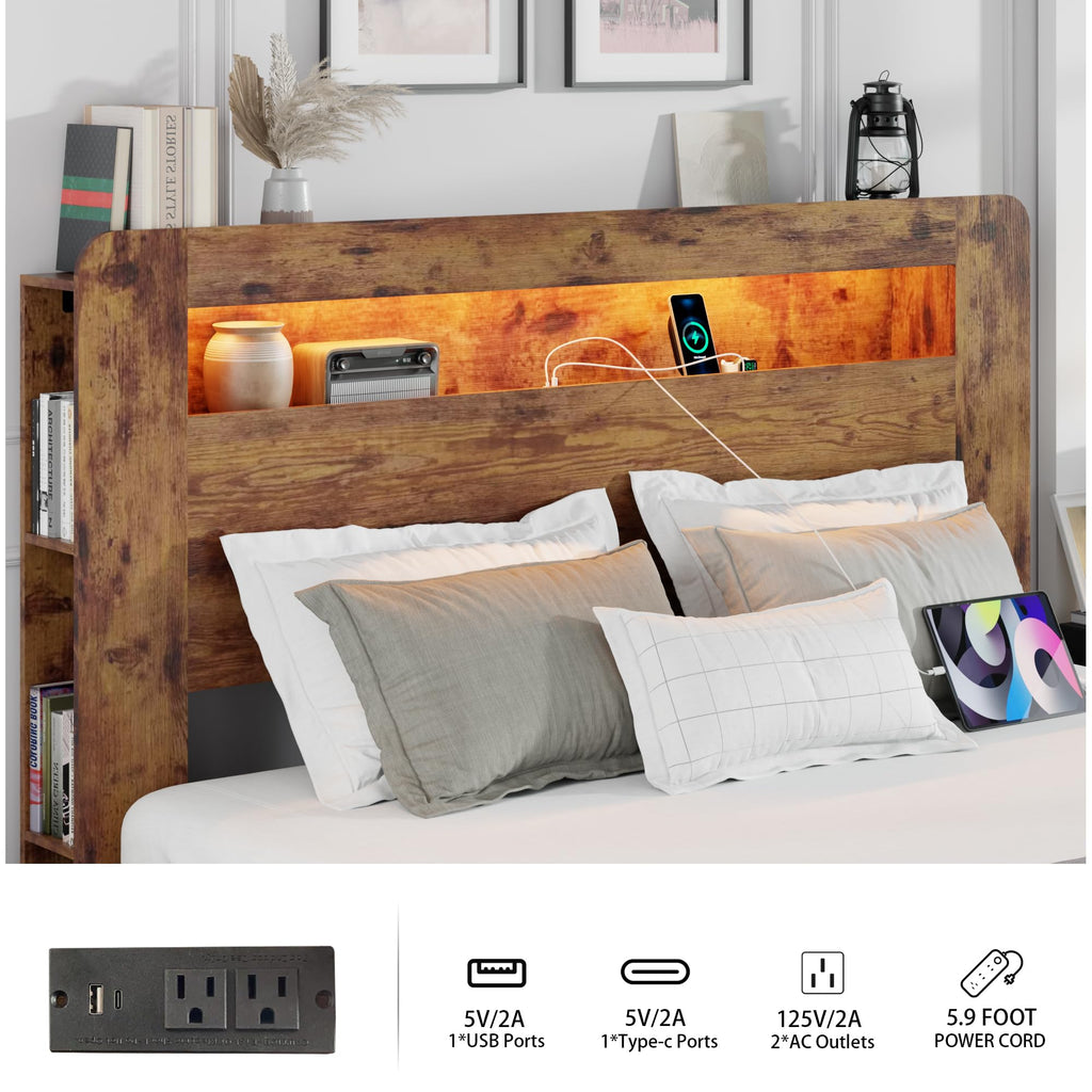 King Size Wooden Bed Frame with Storage Headboard and LED Lights F449973