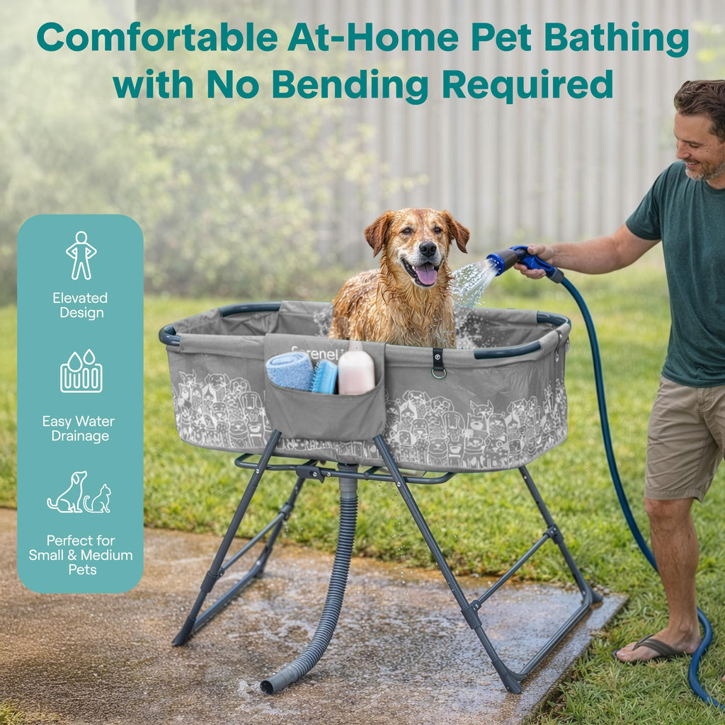 Foldable Dog Bath Tub with Drain Hose, 130 lb Capacity, Gray R804