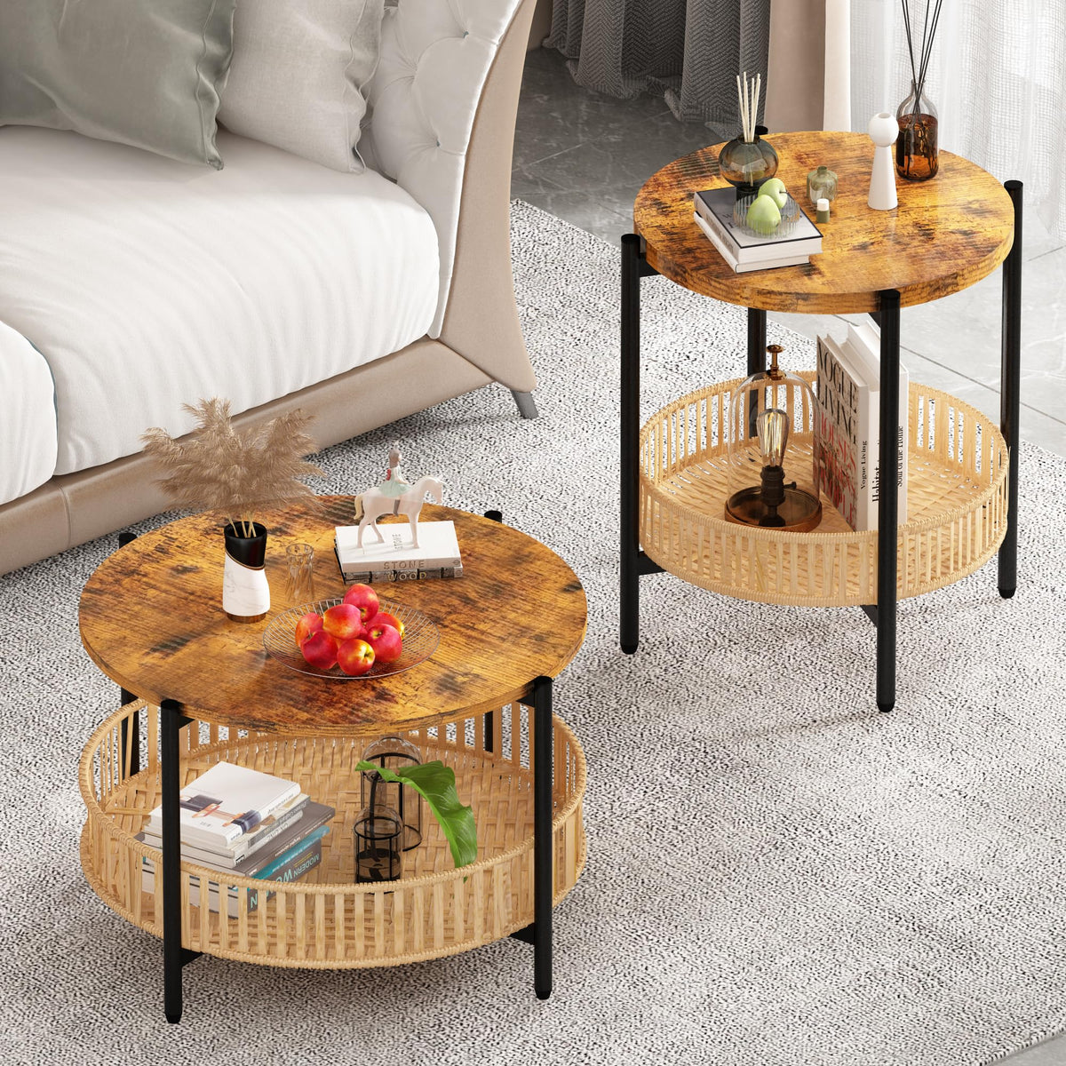 3 Pieces 2 Tier Round Rattan Coffee Table Set with Metal Frame F266470