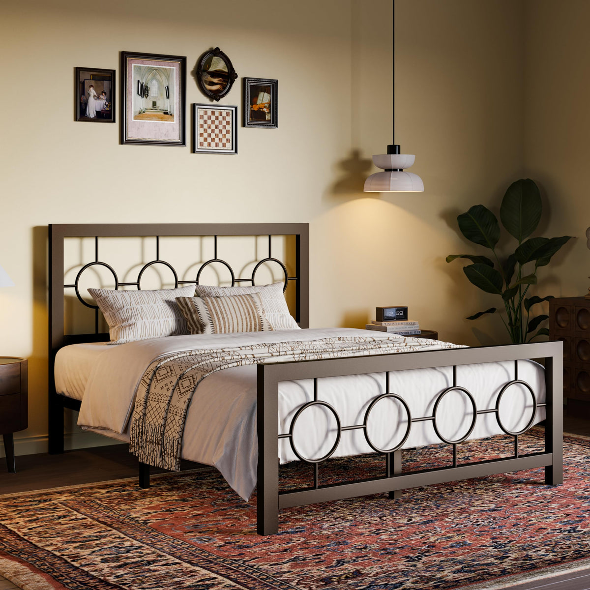 Full Size Brown Metal Bed Frame with Headboard and Footboard Y364469