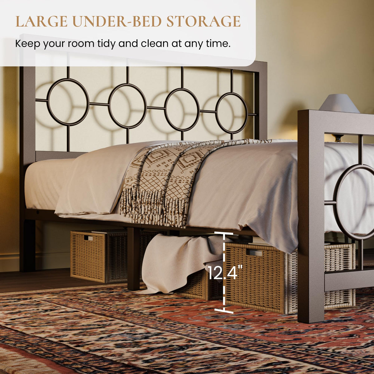 Full Size Brown Metal Bed Frame with Headboard and Footboard Y364469