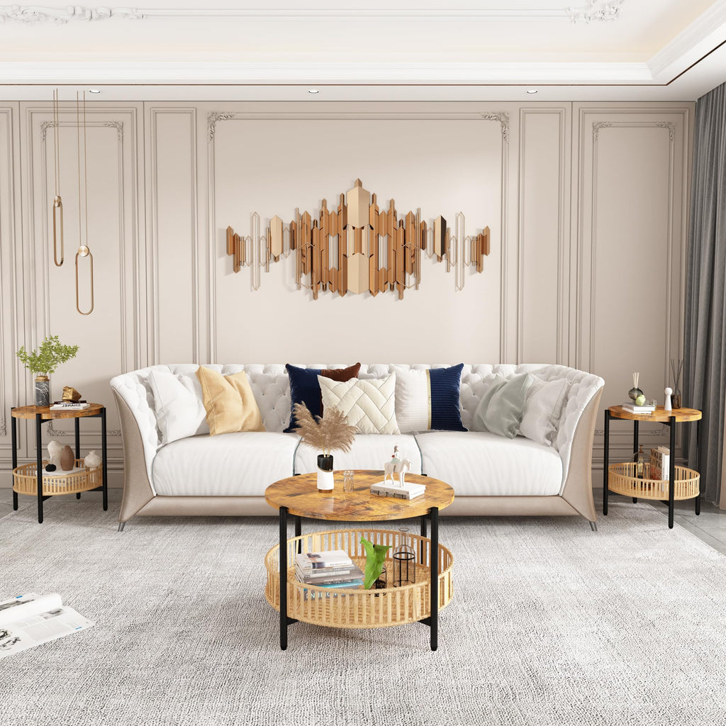 3 Pieces 2 Tier Round Rattan Coffee Table Set with Metal Frame F266470